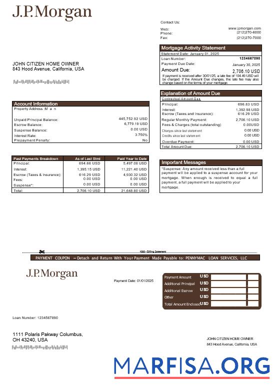 Downloadable USA JP Morgan bank mortgage statement in Word and PDF formats sample